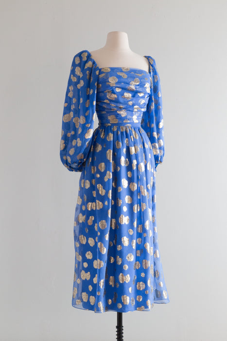 Fabulous Late 1970's Cobalt Blue Silk Chiffon & Gold Lame Occasion Dress / Small