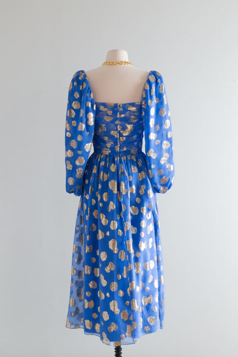 Fabulous Late 1970's Cobalt Blue Silk Chiffon & Gold Lame Occasion Dress / Small