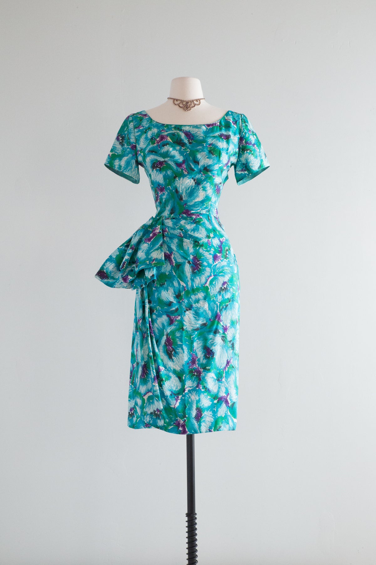 Glamorous 1950's Silk Floral Print Sarong Skirt Cocktail Dress / SM