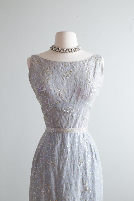 Elegant 1950's Samuel Winston Ice Blue Sequin Evening Dress / Small