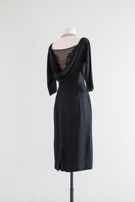 Stunning 1950's Dorothy O'Hara Black Cocktail Dress Illusion Lace / Medium