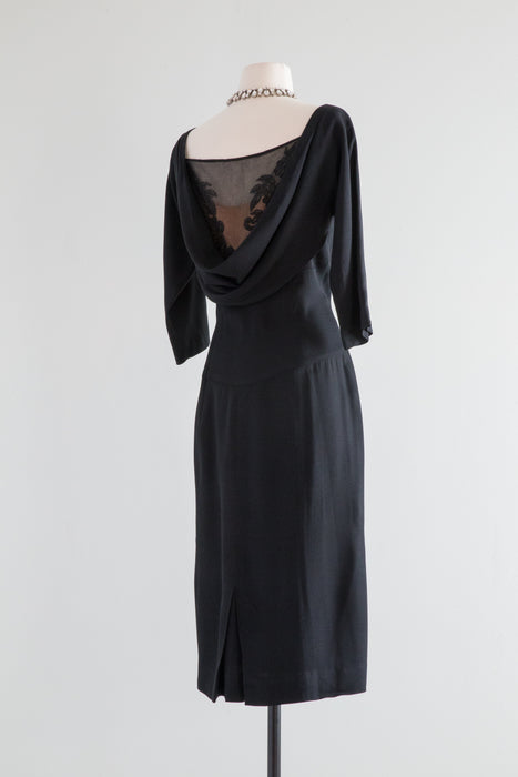 Stunning 1950's Dorothy O'Hara Black Cocktail Dress Illusion Lace / Medium