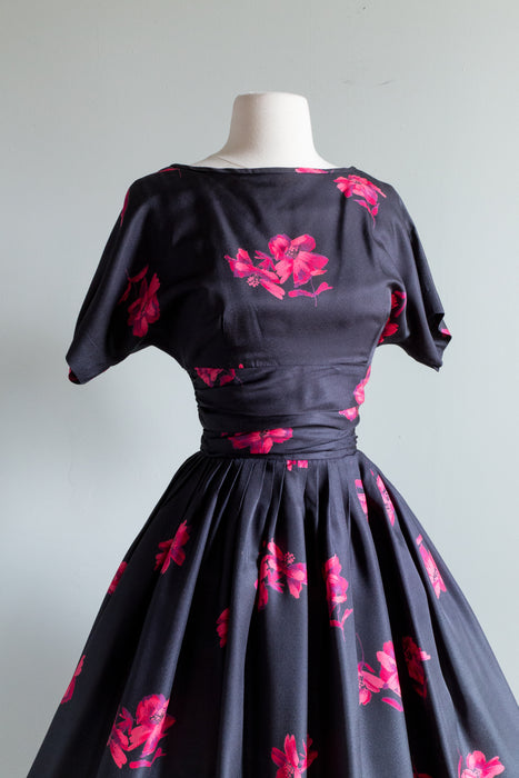 Gorgeous 1950's Dark Floral Print Dress By J. Harlan / Medium