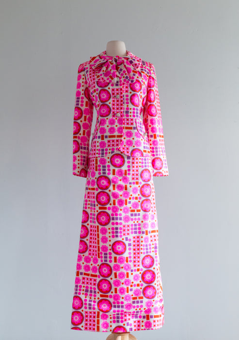 Miss Plum Blossom 1960's Pink & Red Psychedelic Silk Dress & Jacket Set / M