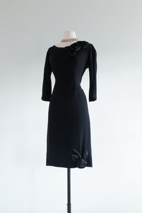Classic 1950's Little Black Cocktail Dress With Rosettes By Jack Stern / M