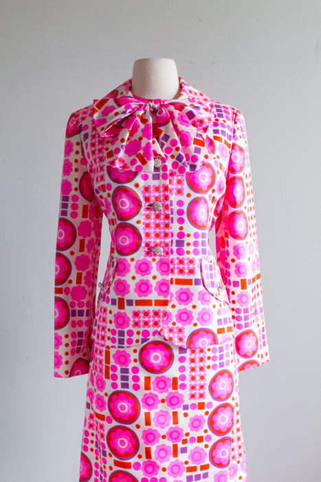Miss Plum Blossom 1960's Pink & Red Psychedelic Silk Dress & Jacket Set / M