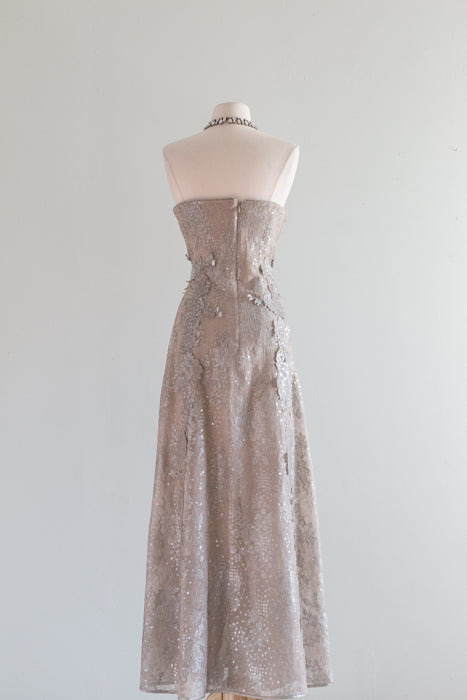 Gorgeous Vintage Silver French Lace Silk Sequin Evening Gown / Medium