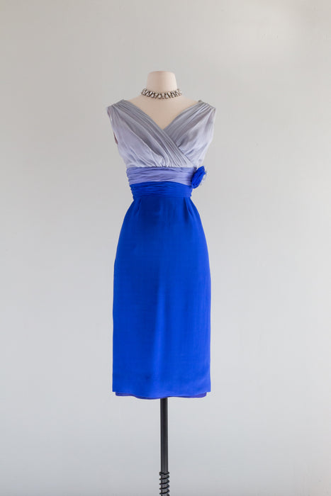 Fabulous 1960's Cobalt Color Block Silk Chiffon Cocktail Dress By Miss Elliette / Waist 26