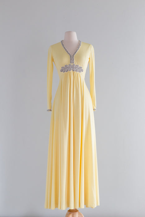 Fabulous 1970's Pastel Yellow Beaded Gown By Victoria Royal Ltd. / Small