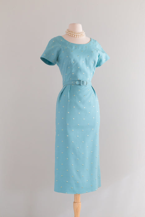 Vintage 1950's Robin's Egg Blue Polka Dot Wiggle Dress / ML