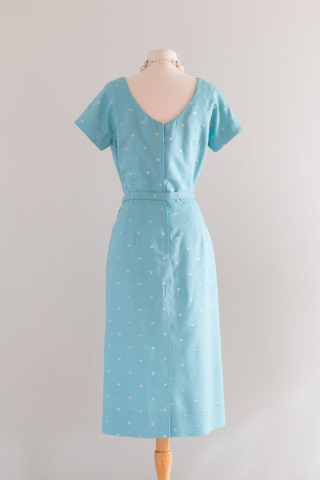 Vintage 1950's Robin's Egg Blue Polka Dot Wiggle Dress / ML