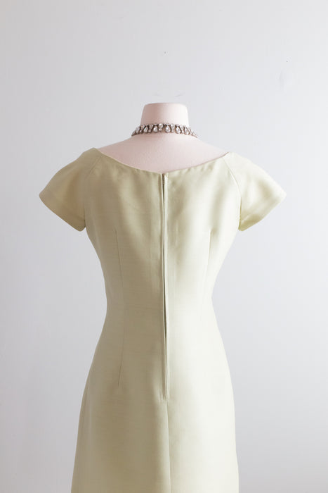 Adorable 1960's Pale Green Silk Cocktail Dress With Rosette / Petite Medium