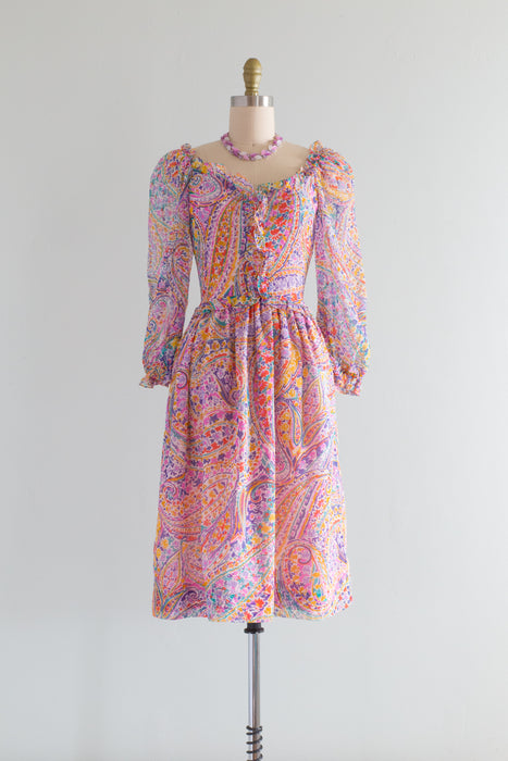Fabulous 1970's Spring Floral Cotton Voile Dress / Small