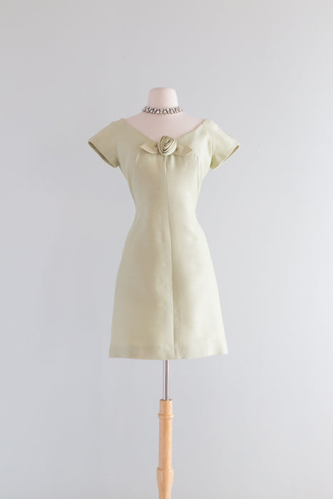 Adorable 1960's Pale Green Silk Cocktail Dress With Rosette / Petite Medium
