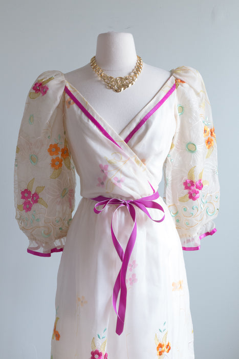 Fabulous 1980's Embroidered Silk Organza Midi Length Dress / SM