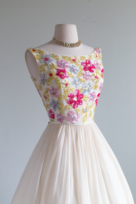 Fabulous 1960's Sequin Floral Silk Chiffon Party Dress By Pab / Small