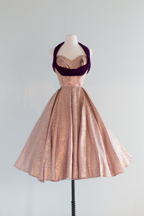 Fabulous 1950's Crown Royale Gold Lame and Purple Velvet Party Dress / Xtabay Vintage Fabulous 1950's Crown Royale Gold Lame and Purple Velvet Party Dress / Xtabay Vintage
