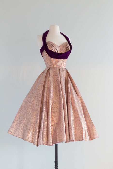 Fabulous 1950's Crown Royale Gold Lame and Purple Velvet Party Dress / Small