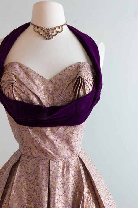 Fabulous 1950's Crown Royale Gold Lame and Purple Velvet Party Dress / Small
