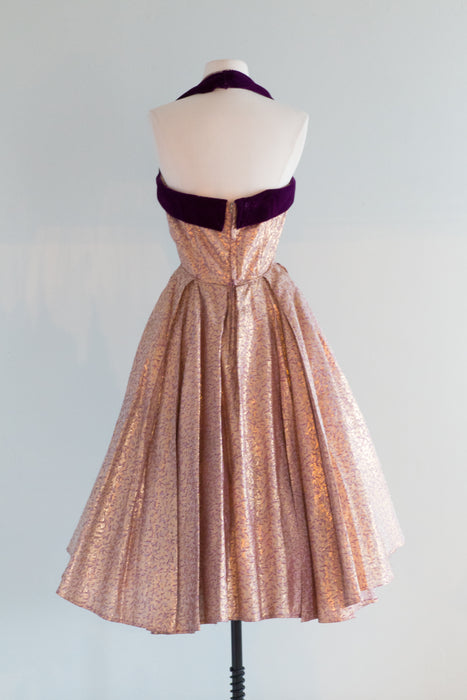 Fabulous 1950's Crown Royale Gold Lame and Purple Velvet Party Dress / Small