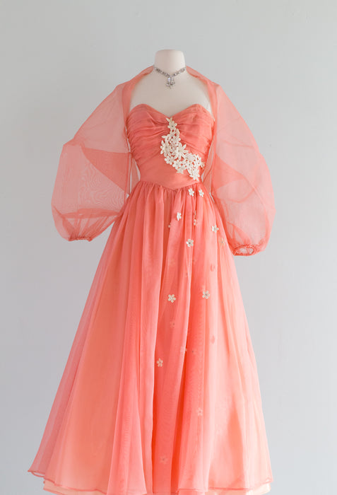 1950's Coral Splendor Formal Gown With Floral Applique & Jacket / Small