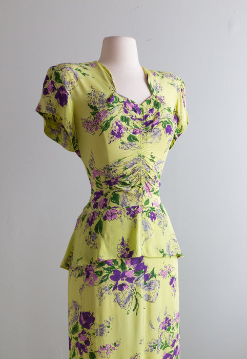 Fabulous 1940's Jean Carol Chartreuse Rayon Gown With Violet Print / SM