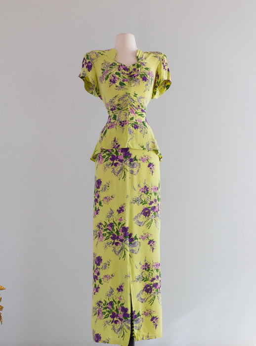 Fabulous 1940's Jean Carol Chartreuse Rayon Gown With Violet Print / SM