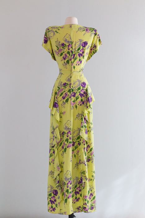 Fabulous 1940's Jean Carol Chartreuse Rayon Gown With Violet Print / SM