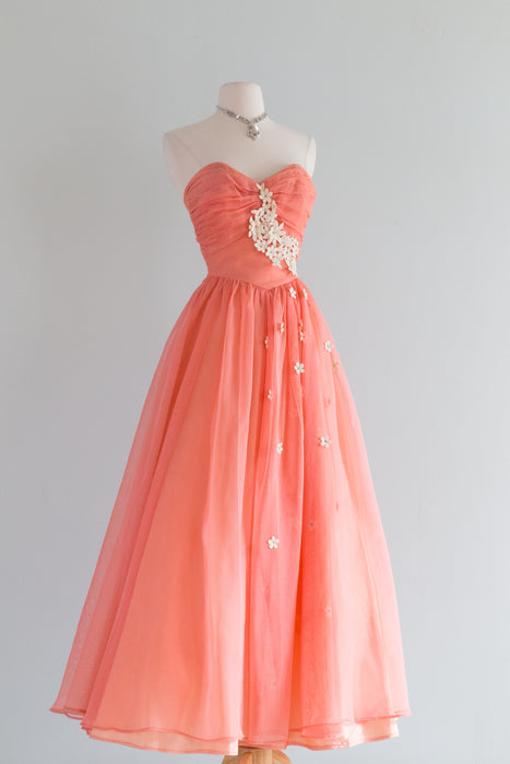 1950's Coral Splendor Formal Gown With Floral Applique & Jacket / Small