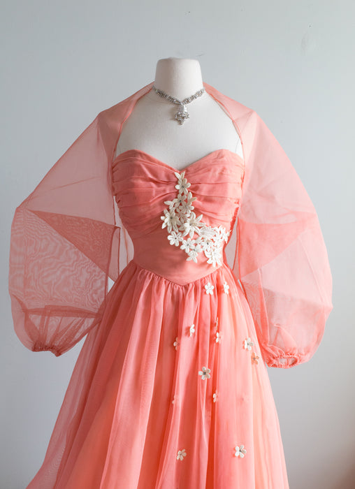 1950's Coral Splendor Formal Gown With Floral Applique & Jacket / Small