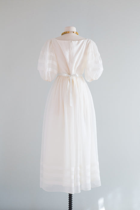 Romantic 1970's Ivory Silk Organza Midi Wedding Dress With Balloon Sleeves / SM