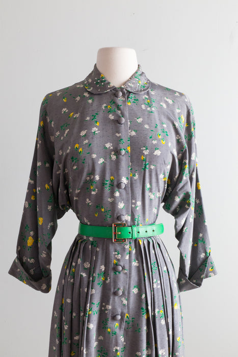 Sweetest 1950's Grey Spring Floral Print Dress By Jomax / Medium