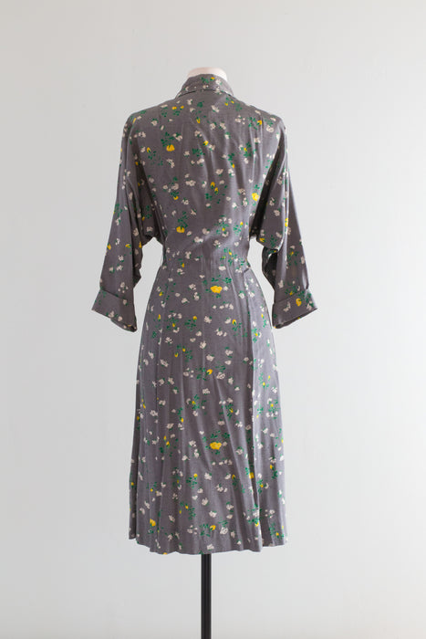 Sweetest 1950's Grey Spring Floral Print Dress By Jomax / Medium