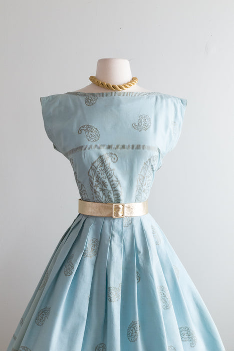 Gorgeous 1950's Pale Blue Cotton Day Dress With Gold Paisley Print / Small