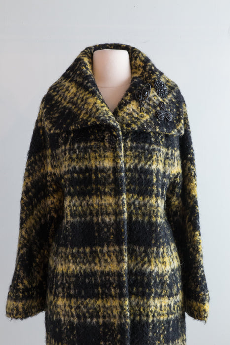 Chic 1960's Taxi Cab Mohair Plaid Cocoon Coat / Medium