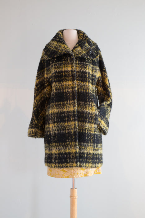 Chic 1960's Taxi Cab Mohair Plaid Cocoon Coat / Medium