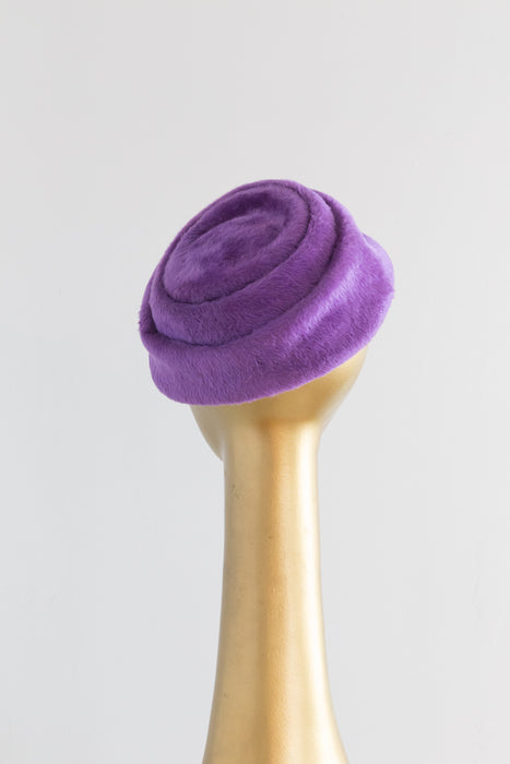 Adorable 1960's Violet Fur Felt Cocktail Hat With Rhinestones