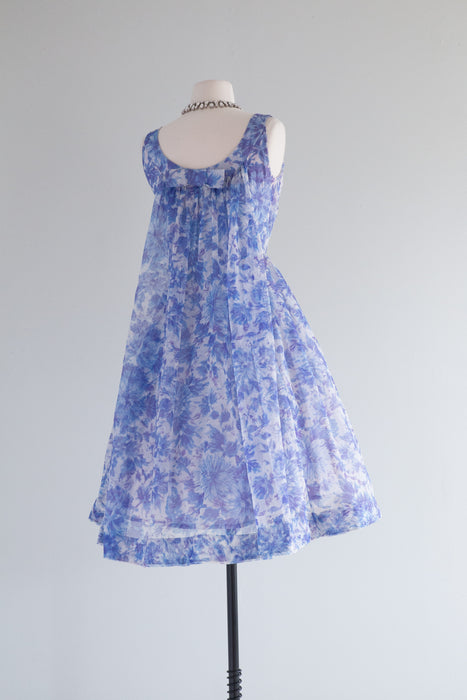 Fabulous 1950's Blue Floral Party Dress With Watteau Back / XS