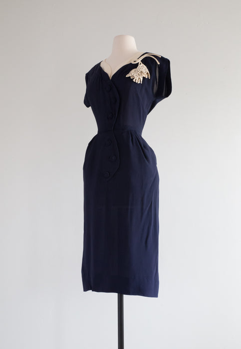 Fabulous 1940's Navy Rayon Day Dress With Rhinestone Tulip Applique / Small