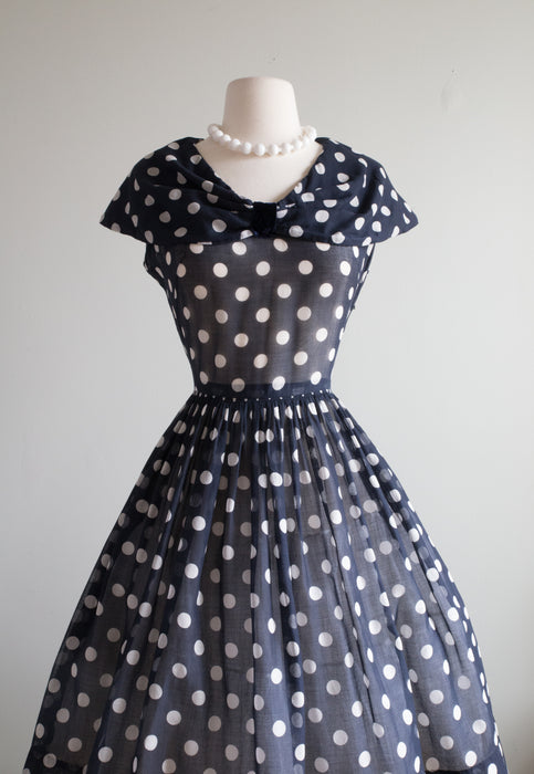 Fabulous 1950's Navy Blue Polka Dot Day Dress / Medium Xtabay Vintage Fabulous 1950's Navy Blue Polka Dot Day Dress / Medium Xtabay Vintage