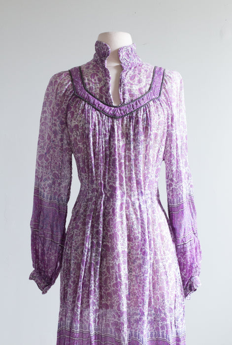 Vintage 1970s Lavender Haze Indian Tissue Cotton Block Print Dress / Medium