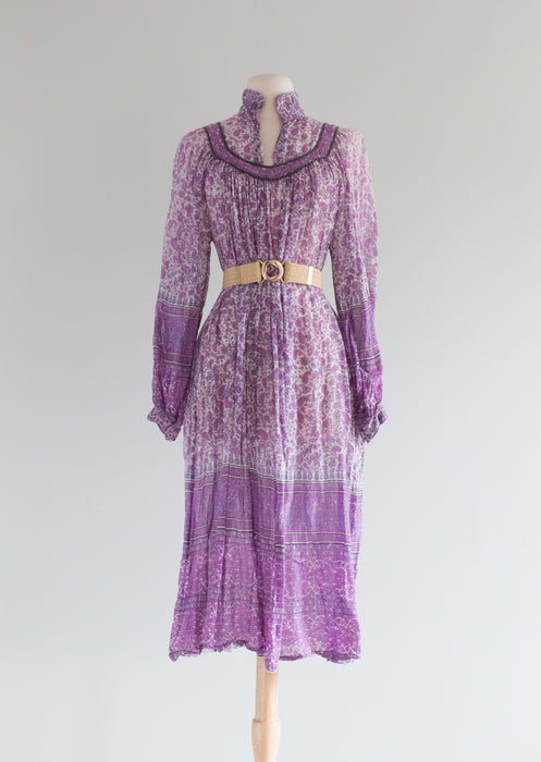 Vintage 1970s Lavender Haze Indian Tissue Cotton Block Print Dress / Medium