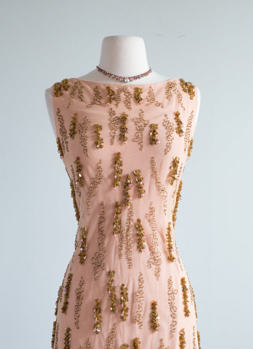 Spectacular Early 1960's Nude Illusion Beaded Evening Gown / Medium