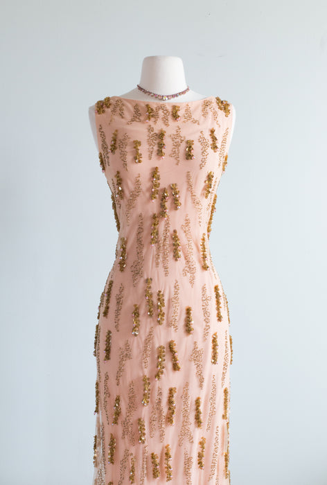 Spectacular Early 1960's Nude Illusion Beaded Evening Gown / Medium