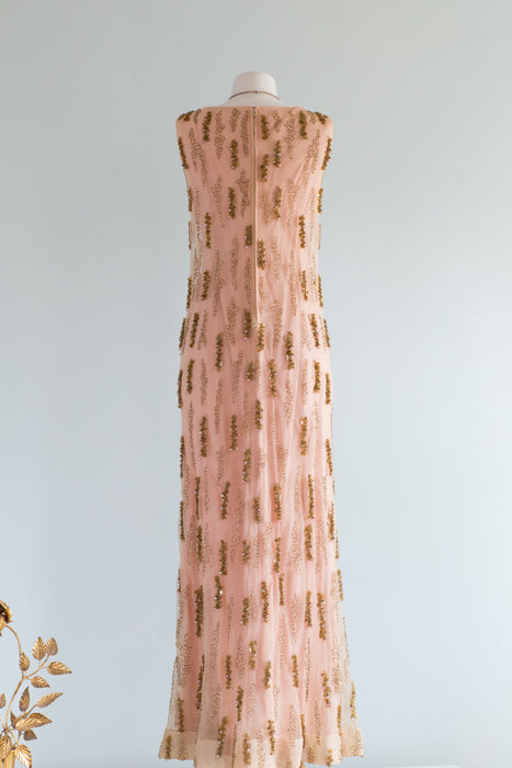 Spectacular Early 1960's Nude Illusion Beaded Evening Gown / Medium