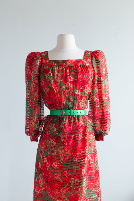 Fabulous 1980's Poppy Print Silk Occasion Dress / Petite Medium
