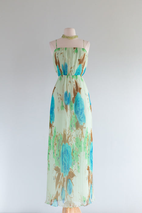 Ethereal 1970's Absinthe Crystal Pleated Floral Chiffon Gown / Small