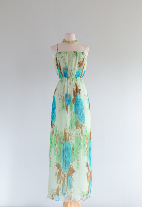 Ethereal 1970's Absinthe Crystal Pleated Floral Chiffon Gown / Small