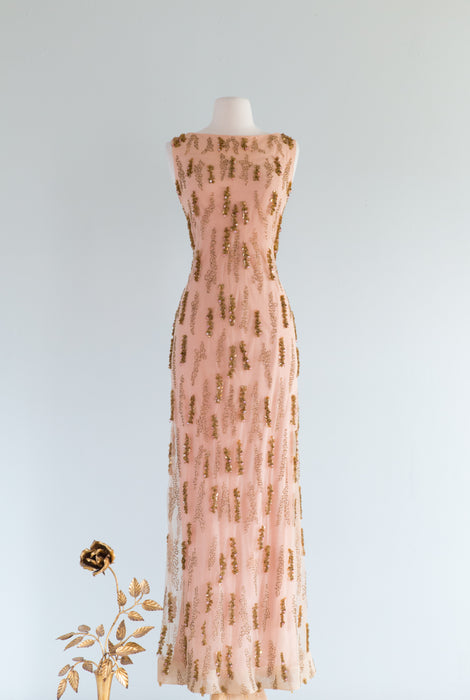 Spectacular Early 1960's Nude Illusion Beaded Evening Gown / Medium