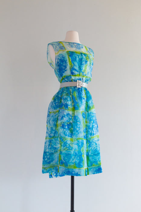 Beautiful 1960's Silk Organza Watercolor Cocktail Dress By Mari / Medium